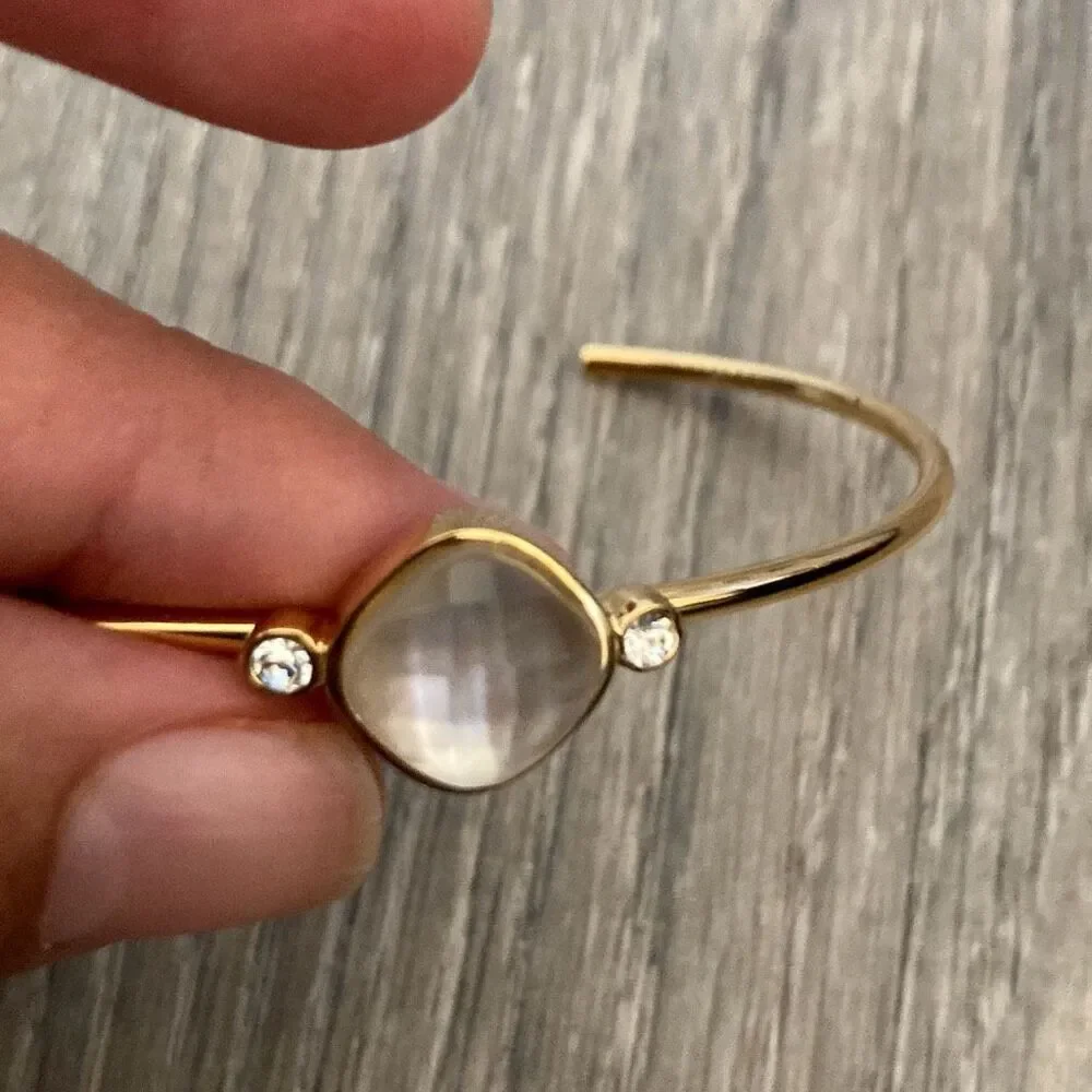 Women’s Gold Tone Bangle Bracelet Mother of Pearl & CZ Accents Open Cuff